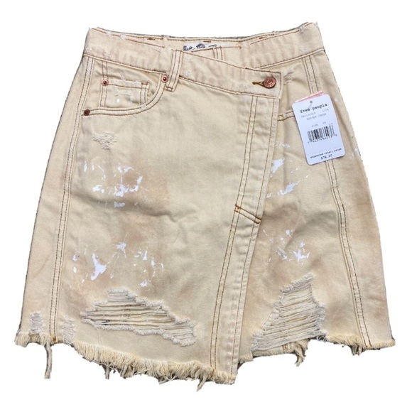FP Free People Distressed Denim Skirt Asymmetrical Butter Yellow NWT Size 24 - Picture 1 of 8
